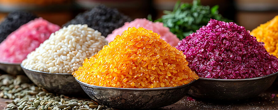Vibrant colored grains in rustic bowls. A feast for the eyes, this image evokes a sense of exotic spices and culinary adventure.