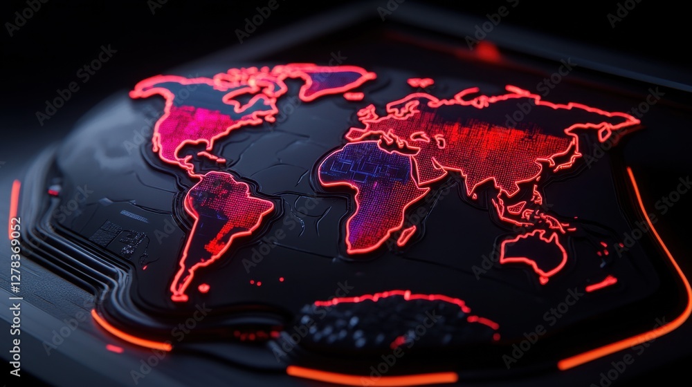 Poster cybernetic trade grid. a stylized world map with neon trade links, visualizing financial transaction