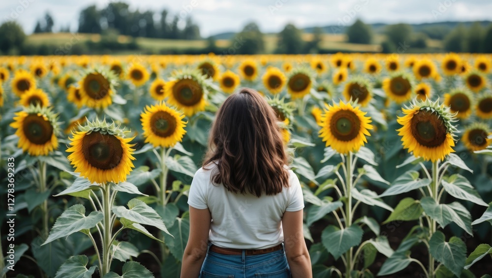 Poster sunflower field perspective with subject in focus and ample blank space for text addition