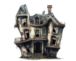 haunted house with crooked walls and twisted architecture, evoking sense of mystery and eeriness. dilapidated structure features broken windows and overgrown details