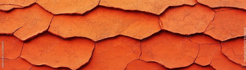 Poster textured background of cracked orange clay surface with distinct patterns and natural weathering eff