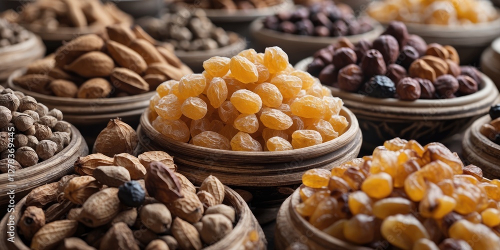 Aufkleber diverse selection of dried fruits and nuts in bowls with space for custom text overlay