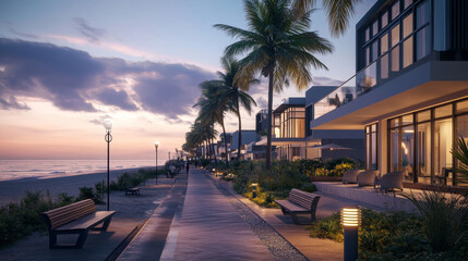 Cozy modern luxury houses on shore of sea or ocean with wooden benches and street light lamps on promenade street with green palm trees and bushes. Suburban city landscape with cottages on waterfront.