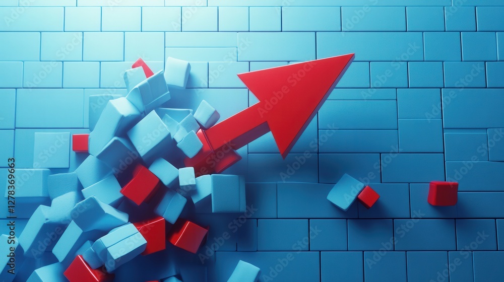 Poster abstract representation of growth with red arrow breaking through blue blocks on a textured wall