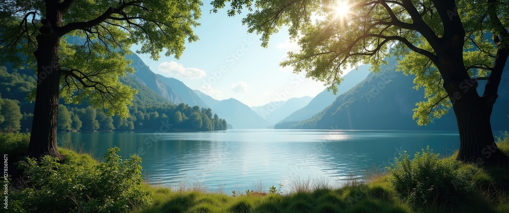 Poster tranquil lake view framed by trees and mountains with soft light ideal for background or text overla
