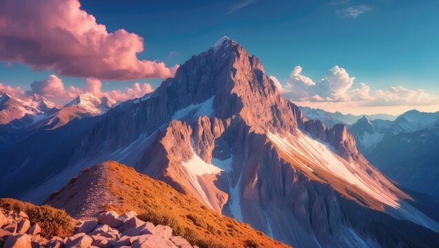 Majestic Mountain Range at Sunset with Colorful Clouds and Empty Space for Text in Outdoor Landscape Scene