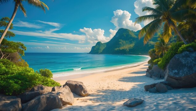 Serene View of Mari Pintau Beach Surrounded by Lush Palm Trees and Rocky Coastline with Clear Blue Waters and Soft Sand Beach