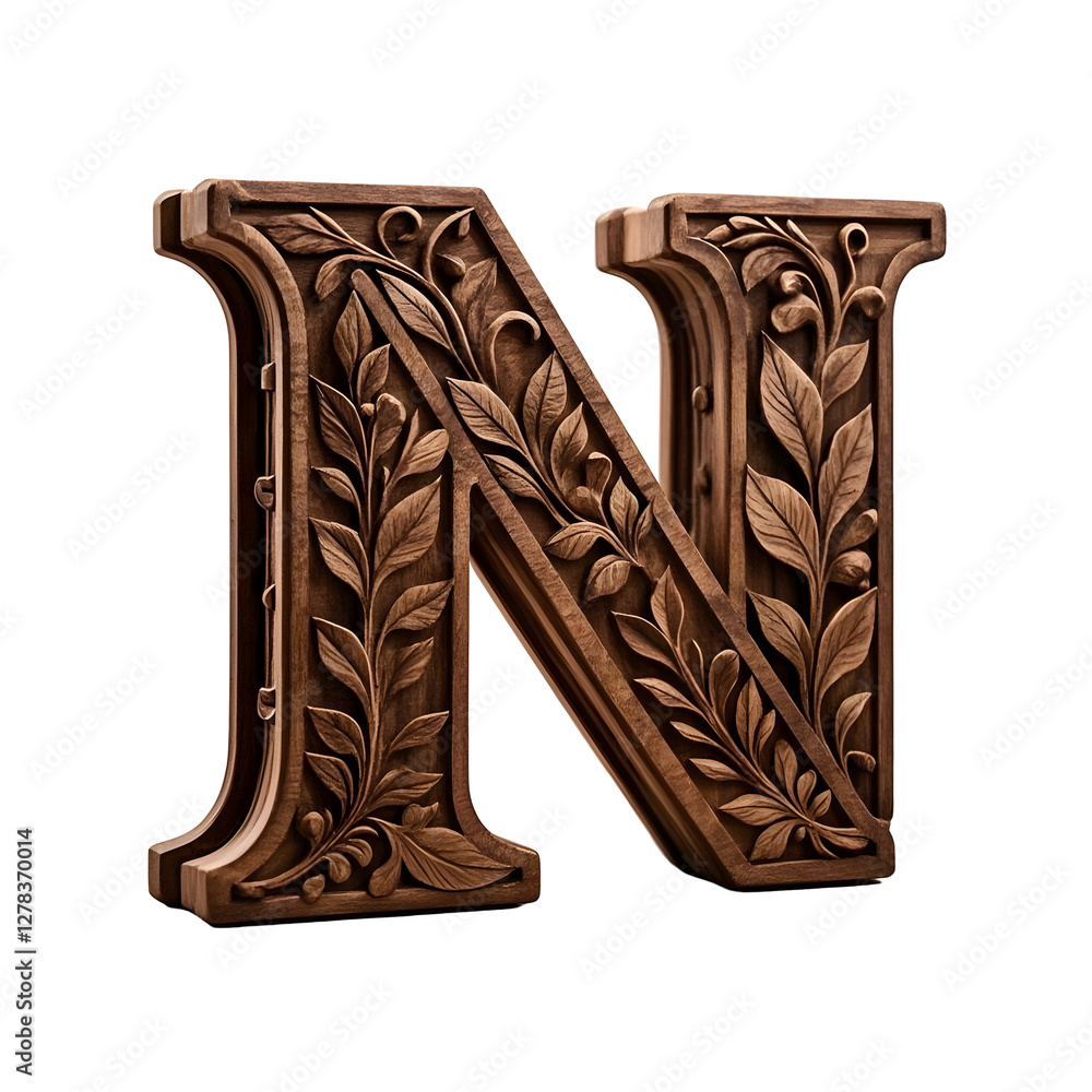 Sticker A beautifully handcrafted 3D letter    N  carved from rich, dark wood. The surface feature