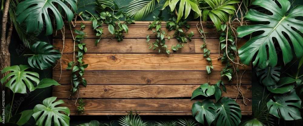 Poster tropical leaf decor framing a rustic wooden board on a dark background for mock-up template with spa