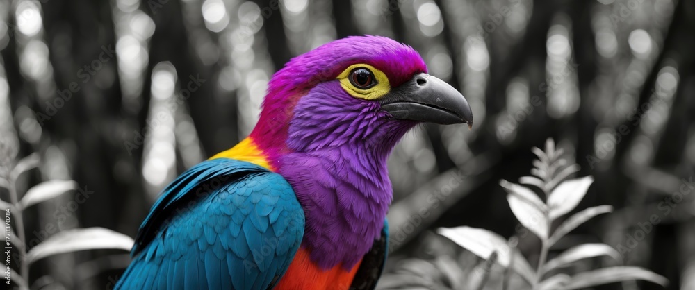 Poster vibrant violet turaco portrait against black and white background featuring colorful feathers and em