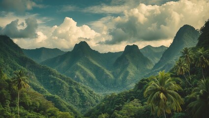 Lush Tropical Mountain Landscape with Cloudy Skies and Vintage Aesthetic Ideal for Nature and Travel Themes