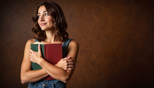 Woman holding books against a brown backdrop for blogs, websites, educational articles, student life, and academic themes