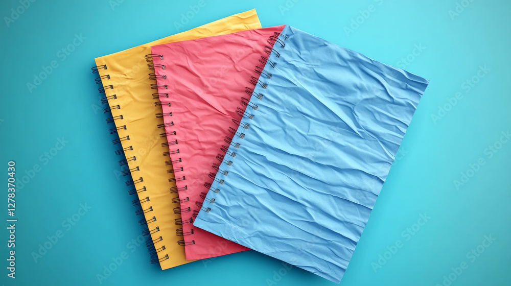 Aufkleber folded colored paper mockup. realistic 3d set of notebook sheet with wrinkles. blank template of a4 