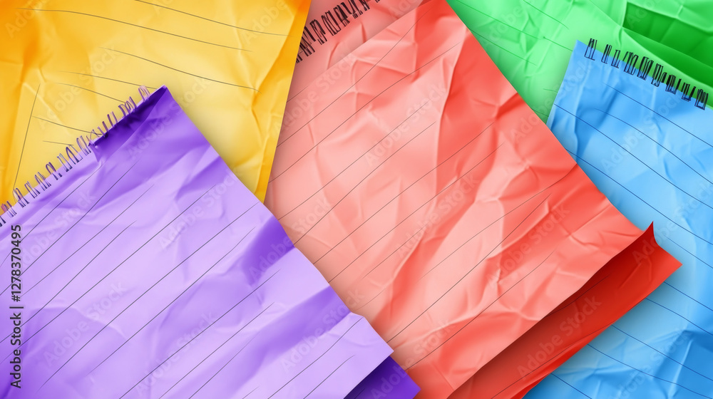 Aufkleber folded colored paper mockup. realistic 3d set of notebook sheet with wrinkles. blank template of a4 