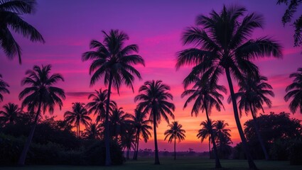 Obraz premium Tropical Purple Sunset Over Silhouetted Palm Trees Creating a Serene Coastal Landscape Background