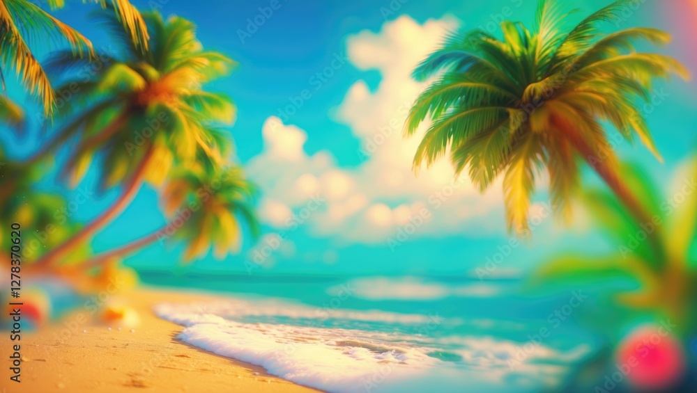 Poster tropical beach bokeh with palm trees in vivid colors for summer vacation themes and copy space for o