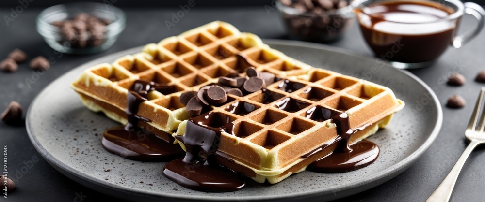 Poster delicious waffles drizzled with rich chocolate sauce served on a stylish plate with ample empty spac