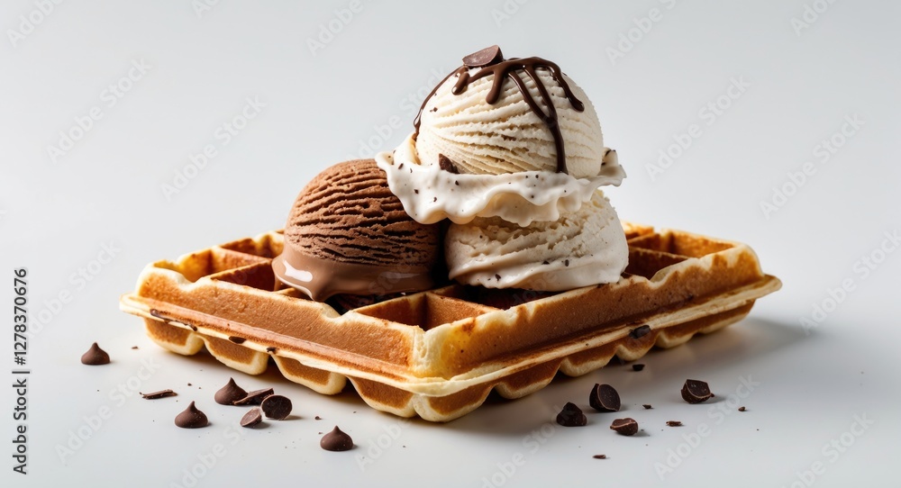 Aufkleber waffle served with chocolate ice cream topped with chocolate drizzle isolated on white background wi