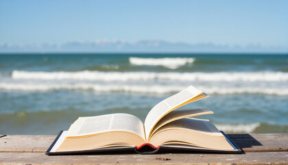 Open book on a wooden table by the ocean for blogs, websites, literary-themed designs, stationery, educational materials, travel content, and inspirational quotes