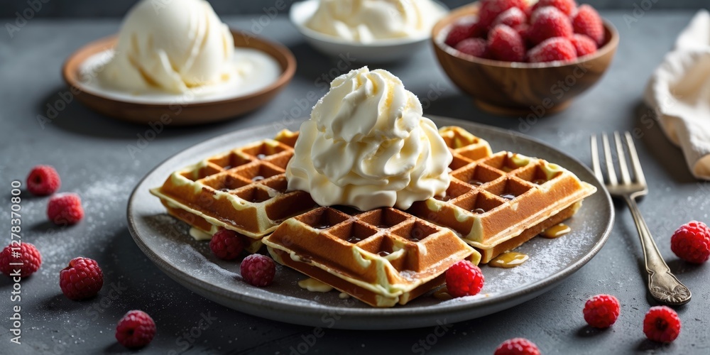 Poster waffles topped with whipped cream and ice cream served with raspberries on a plate with neutral back