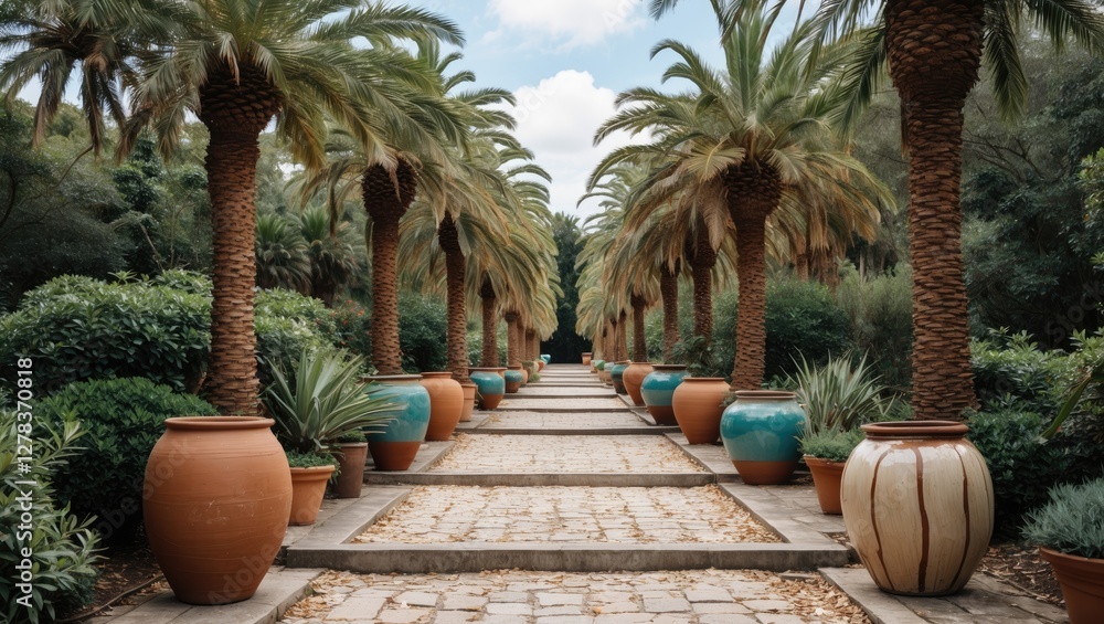 Poster serene walking path lined with palm trees and colorful ceramic pots surrounded by lush greenery and 