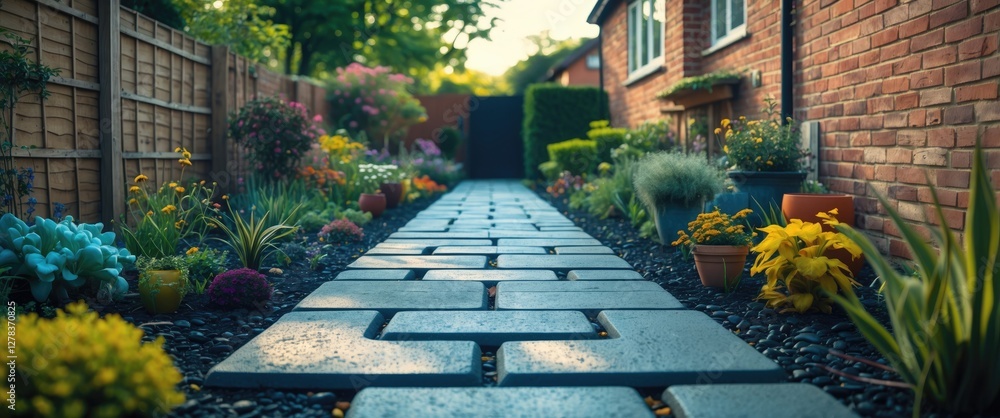 Poster charming garden pathway with colorful flowers and paving slabs creating a serene backyard escape in 