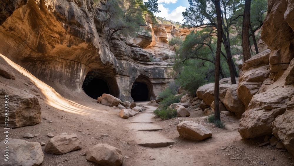 Poster scenic view of walnut canyon featuring sandy's canyon trail with cave openings and empty space for t