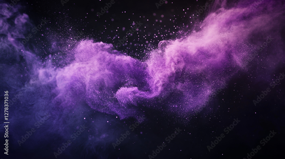 Poster purple paint powder splashes. flows of magic dust with glitter particles and sparkles. vector realis