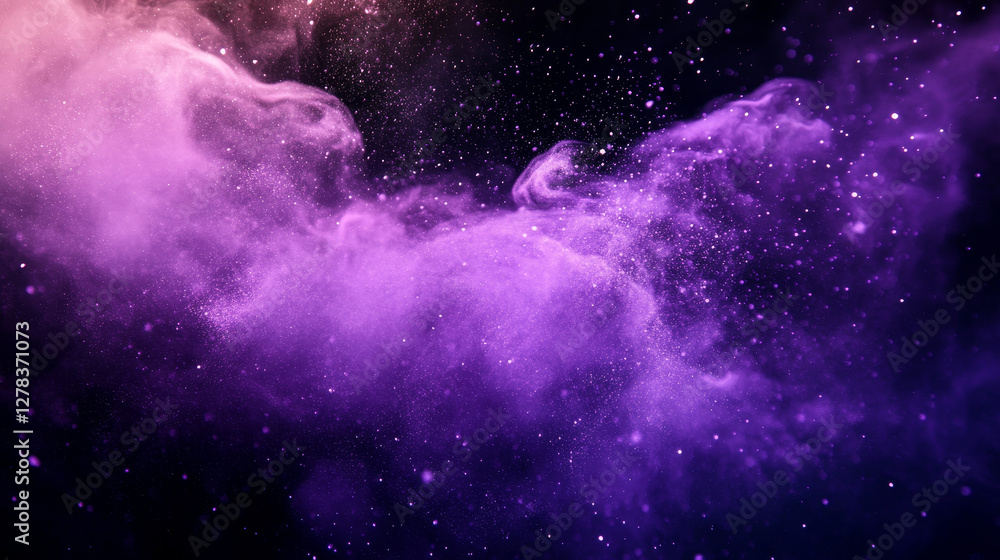 Poster purple paint powder splashes. flows of magic dust with glitter particles and sparkles. vector realis