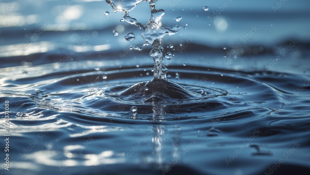 Poster rippling water surface with splashing droplet creating dynamic patterns in tranquil blue liquid cont