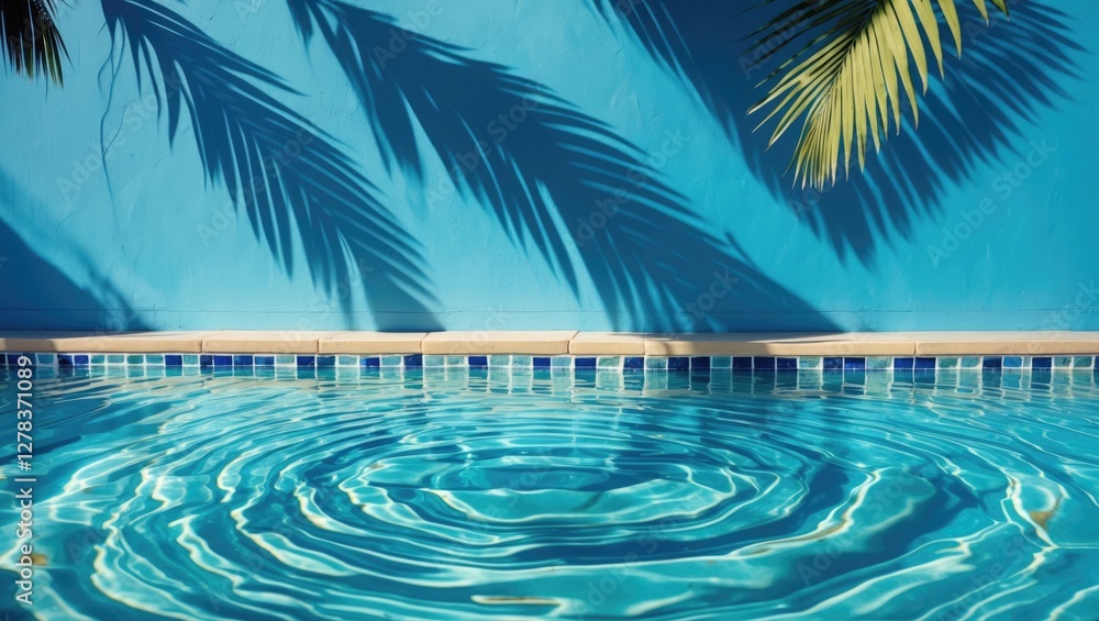 Aufkleber serene blue water surface with palm leaf shadows and ripple patterns for spa and beauty product disp