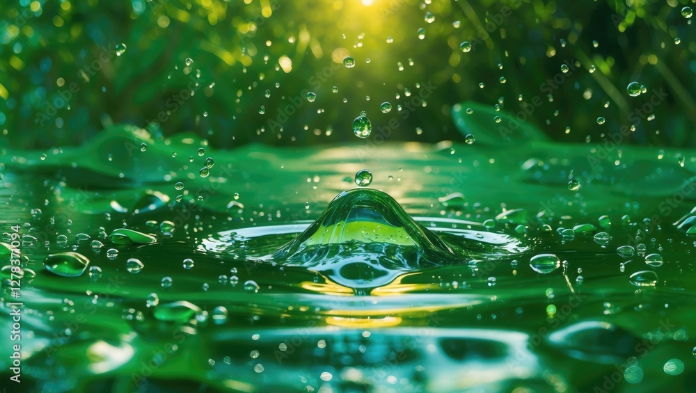 Poster water droplets splashing on lush green surface with sunlight creating sparkling effect and space for