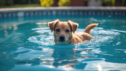 Happy Dog Swimming in a Bright Blue Pool Capturing Fun and Joyful Summer Moments in a Warm Outdoor Setting