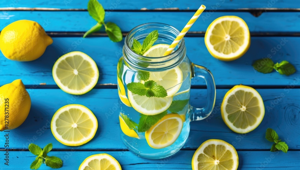 Poster refreshing lemonade in glass jar with lemon slices and mint on blue wooden background ideal for summ