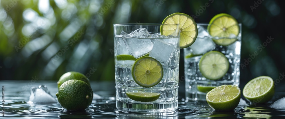 Aufkleber refreshing drinks with ice and limes in elegant glasses on a dark surface with natural greenery back