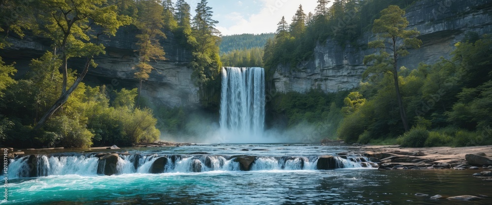 Aufkleber majestic waterfall cascading into clear pool surrounded by lush greenery in tranquil national park s