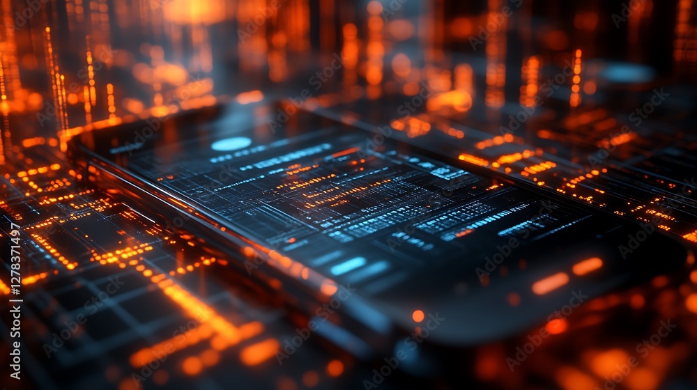 Aufkleber digital interface smartphone glowing orange data stream abstract futuristic tech