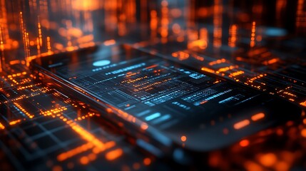 Obraz premium Digital Interface Smartphone Glowing Orange Data Stream Abstract Futuristic Tech