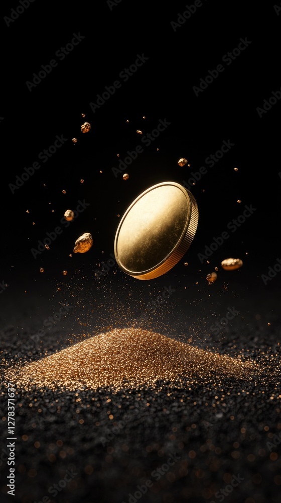 Poster gold coins floating above a pile of glittering sand studio setting macro dark background wealth conc
