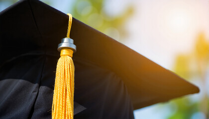 Graduation cap with yellow tassel against a blurred background for blogs, close up, websites, graduation announcements, educational articles, and academic event promotions