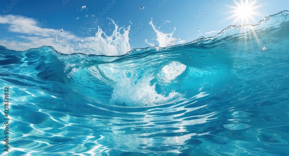 Poster dynamic splash in clear pool water under sunlight with waves and reflections after a ju jump
