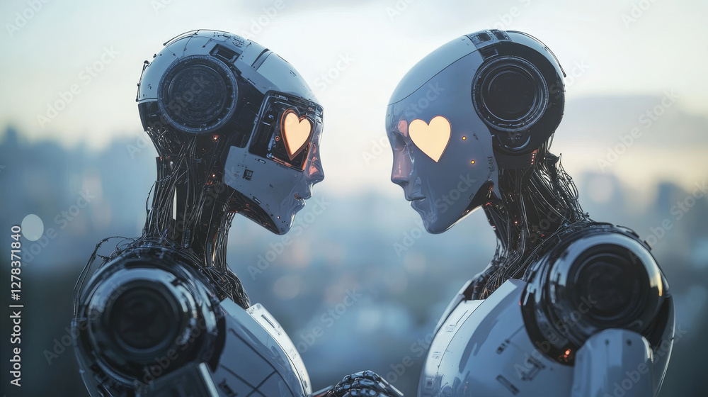 Poster robot or chatbot with smartphone in hand communicate in networks having love conversation online. ai