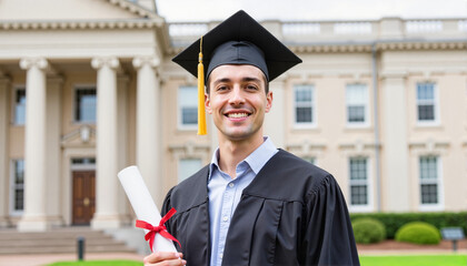 Graduate holding diploma with a smile outside university building for academic blogs, educational websites, graduation invitations, event promotions, and personal achievements