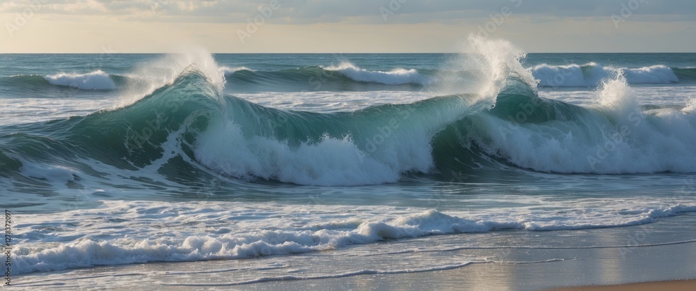 Poster dynamic ocean waves crashing on sandy shoreline with tranquil copy space for text or design elements