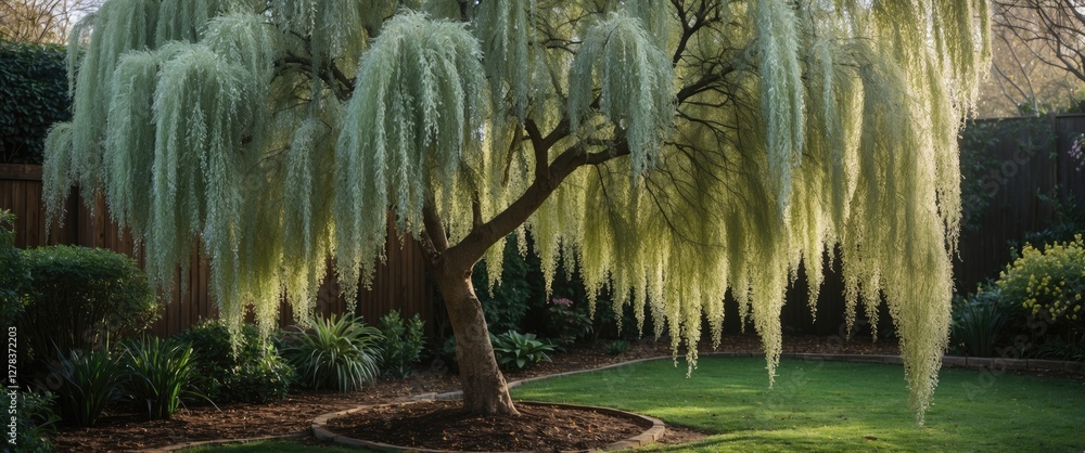 Poster graceful weeping lillipilli tree with cascading foliage in serene garden setting