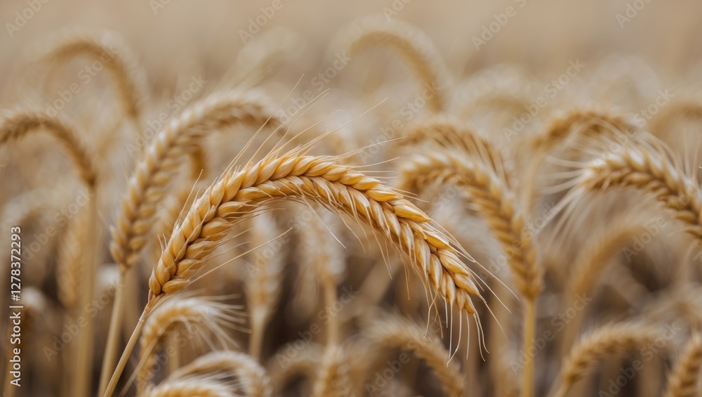 Poster close-up of golden wheat ear in a field with blurred background, ideal for agricultural themes and a