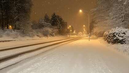 Snowy Night Street Scene Illuminated Road and Snowfall