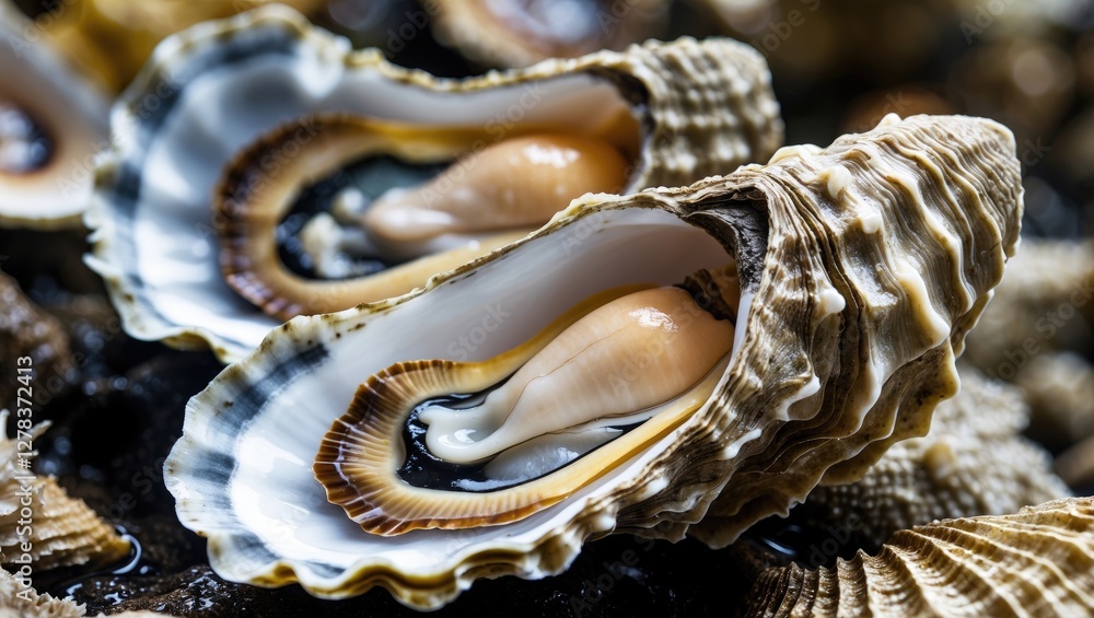 Poster close-up of fresh oysters displaying intricate layered shells and soft flesh, emphasizing their natu