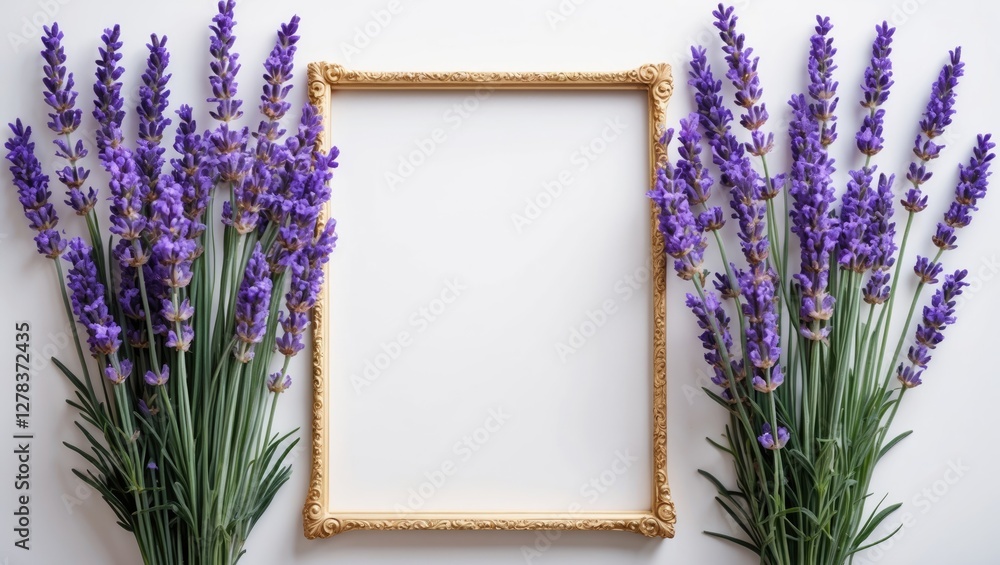 Poster lavender bouquet on white background with decorative frame for text display vertical copy space flor