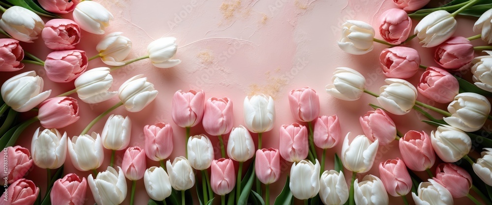 Poster tulip arrangement in shades of pink and white on soft pink background with blank space for text or d